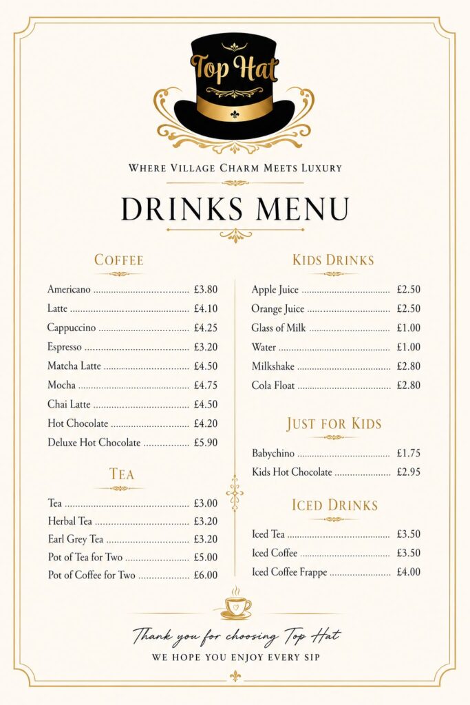Top hat cafe drinks Menu